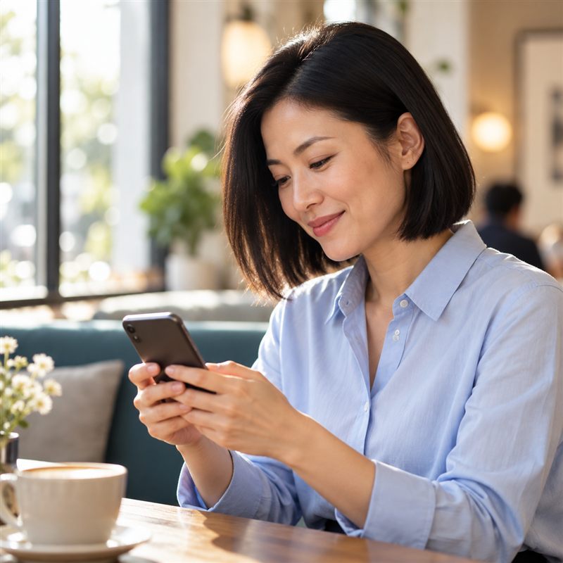 Woman reading on her phone at a café table